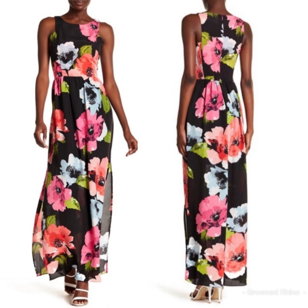 Vince Camuto Black Maxi Dress with Bold Floral Print